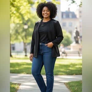 Chico's Black Open-Front Scuba knit Blazer with Faux Leather Accents size 3 (16)